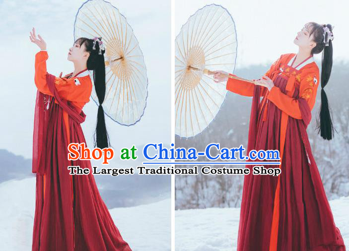 China Tang Dynasty Young Lady Historical Clothing Ancient Village Girl Red Hanfu Dress Traditional Garments