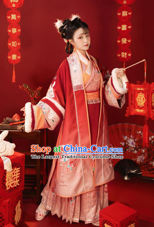 China Ancient Young Beauty Hanfu Dress Garments Traditional Song Dynasty Winter Embroidered Historical Clothing Complete Set
