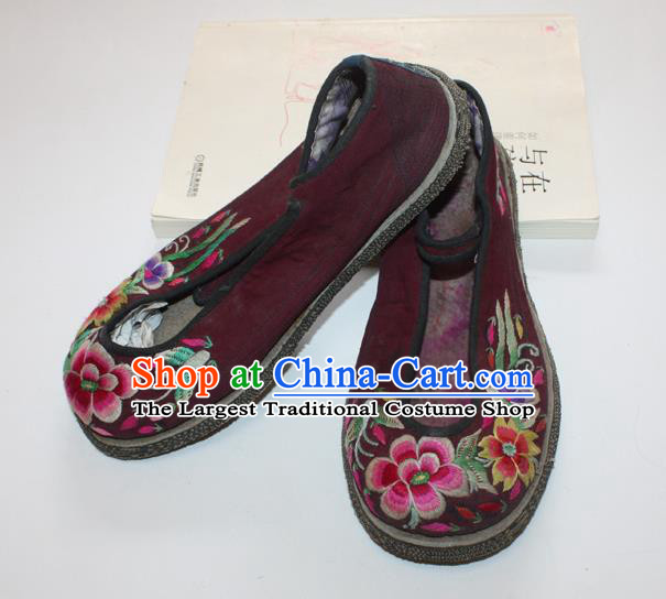 Chinese Handmade National Woman Shoes Folk Dance Dark Red Cloth Shoes Traditional Embroidered Shoes