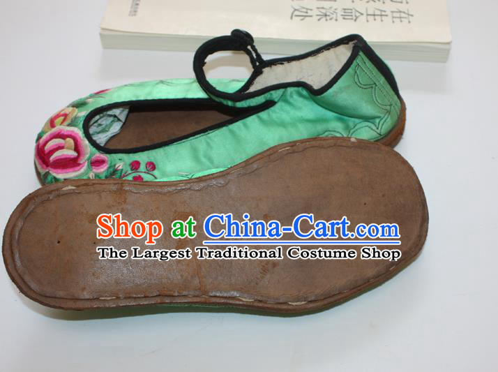 Chinese Traditional Embroidered Shoes Handmade National Woman Shoes Folk Dance Green Satin Shoes