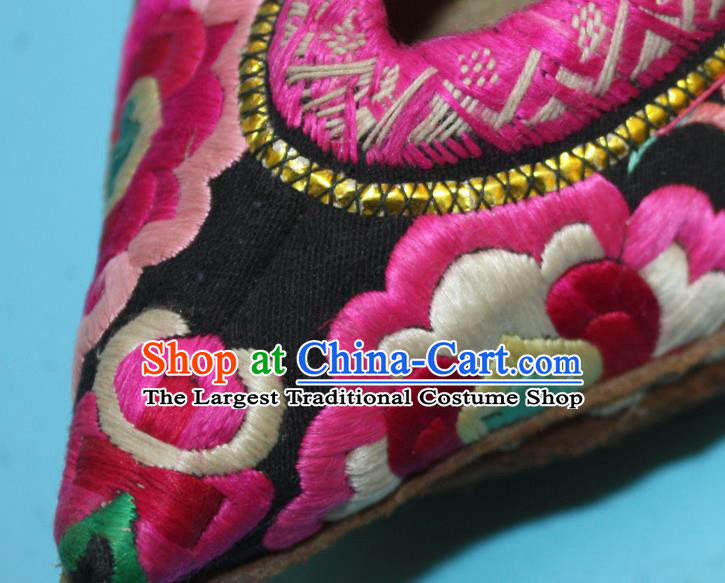 Chinese Yunnan Folk Dance Shoes Traditional Black Full Embroidered Shoes Handmade Bai Nationality Woman Shoes