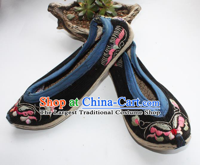 Chinese Yunnan Woman Black Corduroy Shoes Traditional Ethnic Embroidered Shoes Handmade Yi Nationality Shoes