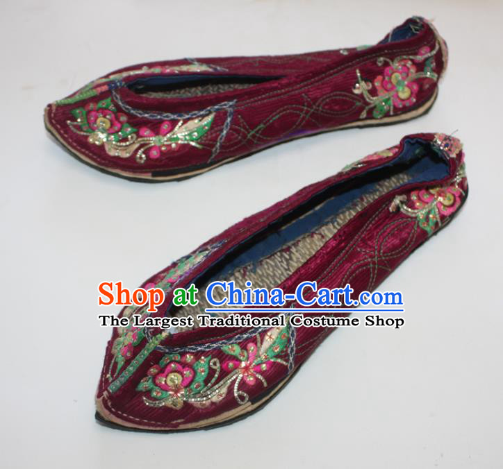 Chinese Folk Dance Wine Red Satin Shoes Traditional Yi Nationality Embroidered Shoes Handmade Strong Cloth Soles Shoes