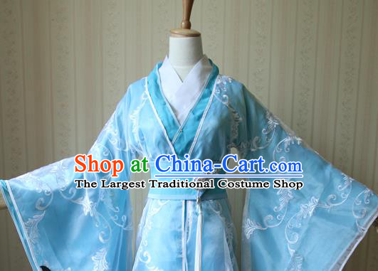 Chinese Traditional Jin Dynasty Childe Apparels Ancient Scholar Garment Costumes Cosplay Swordsman Su Yu Blue Hanfu Clothing