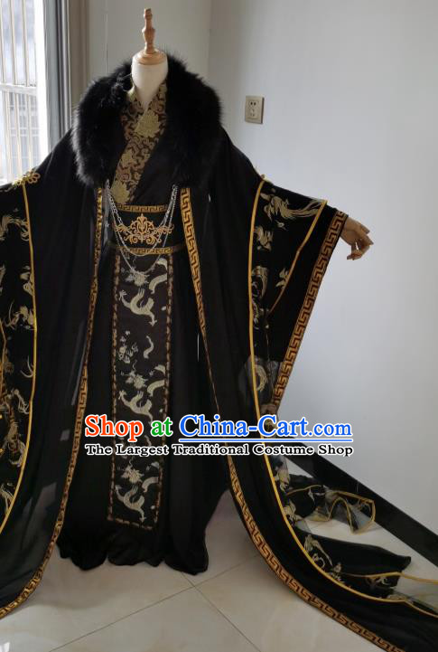 Chinese Traditional Qin Dynasty King Black Apparels Ancient Emperor Garment Costumes Cosplay Swordsman Ye Hua Hanfu Clothing