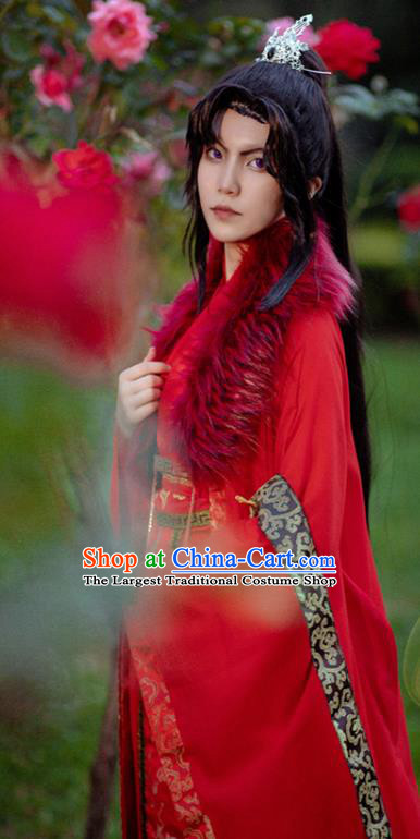 Chinese Cosplay Swordsman Red Hanfu Clothing Traditional Qin Dynasty King Apparels Ancient Crown Prince Garment Costumes