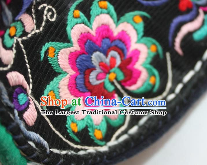 Chinese Traditional Black Cloth Shoes Handmade Full Embroidered Shoes Shui Nationality Shoes Yunnan Ethnic Court Shoes