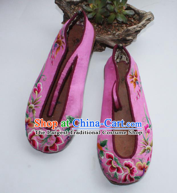 Chinese Yi Nationality Folk Dance Shoes Handmade Yunnan Ethnic Woman Shoes Traditional Pink Satin Embroidered Shoes