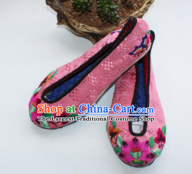 Chinese Handmade Pink Satin Shoes Yi Nationality Embroidered Shoes Yunnan Ethnic Dance Shoes