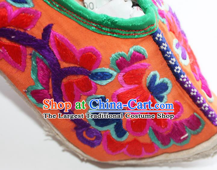 Chinese Handmade Ethnic Strong Cloth Soles Shoes Shui Nationality Embroidered Shoes Yunnan Woman Orange Shoes