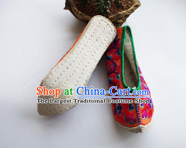 Chinese Handmade Ethnic Strong Cloth Soles Shoes Shui Nationality Embroidered Shoes Yunnan Woman Orange Shoes