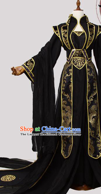China Cosplay Female Swordsman Clothing Ancient Fairy Queen Garments Traditional Jin Dynasty Princess Black Hanfu Dress