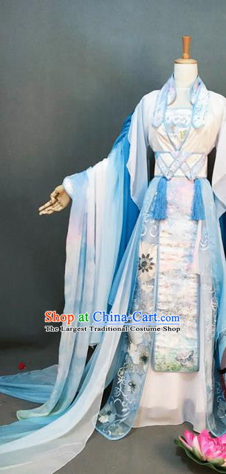 China Ancient Fairy Garments Traditional Jin Dynasty Princess Blue Hanfu Dress Cosplay Female Swordsman Jun Fu Clothing