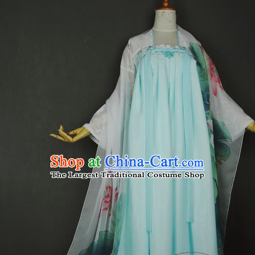 China Traditional Tang Dynasty Palace Lady Blue Hanfu Dress Cosplay Young Beauty Clothing Ancient Princess Garments