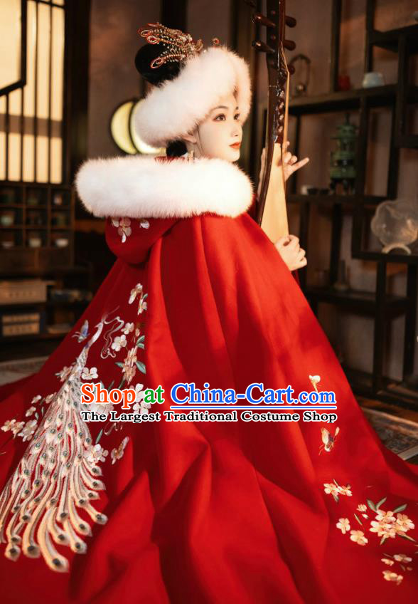 China Ancient Imperial Consort Red Hanfu Cape Traditional Ming Dynasty Court Woman Historical Clothing Embroidered Cloak Garment