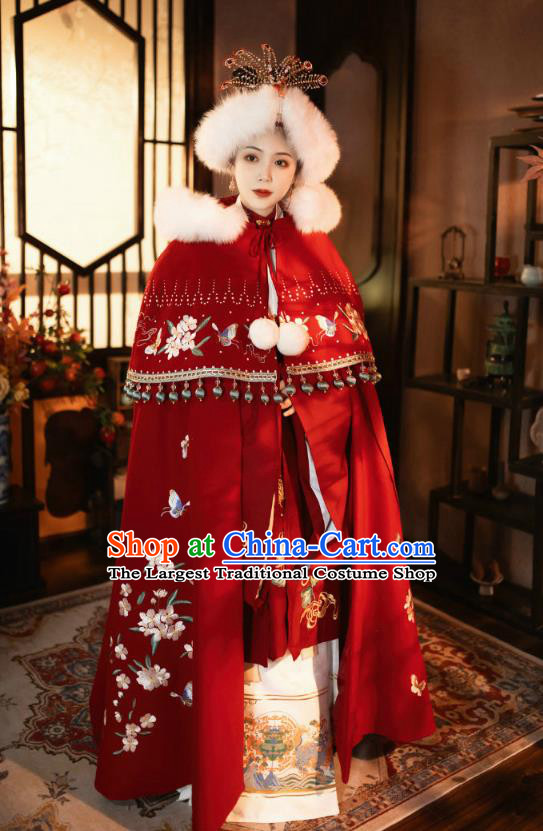 China Ancient Imperial Consort Red Hanfu Cape Traditional Ming Dynasty Court Woman Historical Clothing Embroidered Cloak Garment