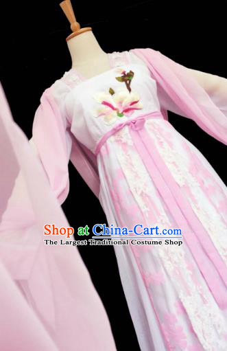China Ancient Court Lady Garments Traditional Tang Dynasty Servant Girl Pink Hanfu Dress Cosplay Fairy Clothing