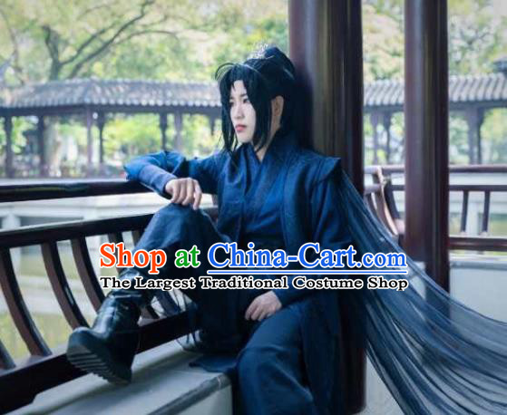 Chinese Ancient Assassin Garment Costumes Cosplay Swordsman Gu Yun Clothing Traditional Qin Dynasty Knight Navy Apparels
