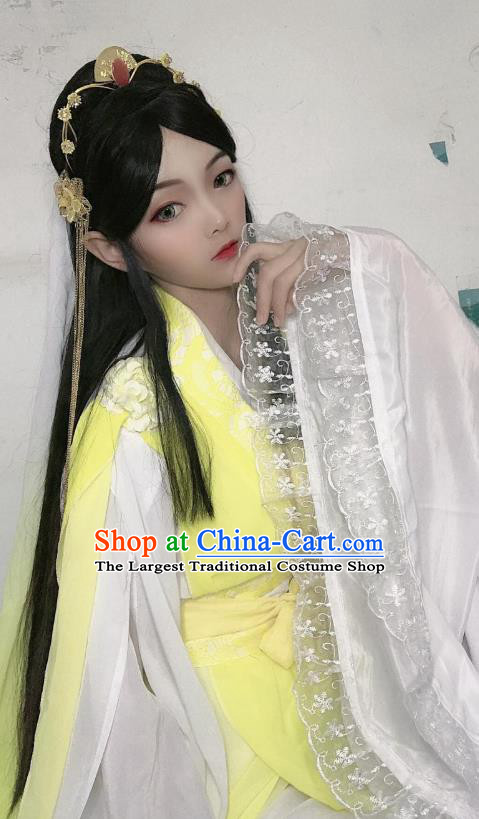 China Ancient Goddess Yellow Garments Traditional Song Dynasty Princess Hanfu Dress Cosplay Fairy Hua Qiangu Clothing