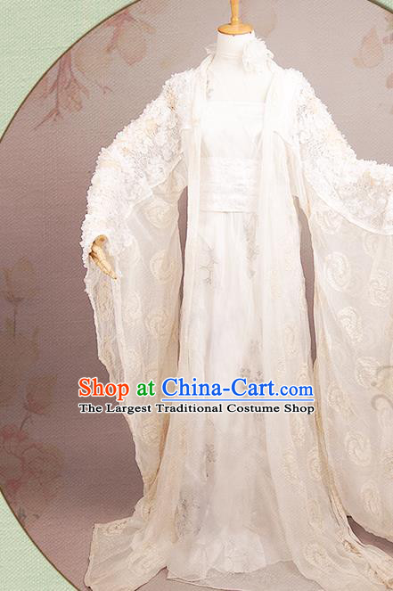 China Ancient Goddess Garments Traditional Jin Dynasty Princess White Hanfu Dress Cosplay Swordswoman Bai Fengxi Clothing