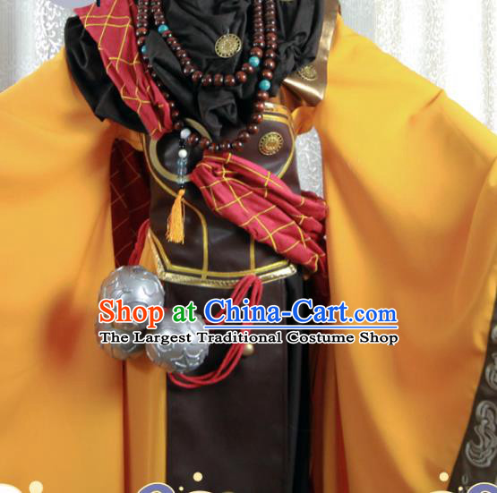 Chinese Traditional Myth Warrior Apparels Ancient Swordsman Garment Costumes Cosplay Monk Yellow Robe Clothing
