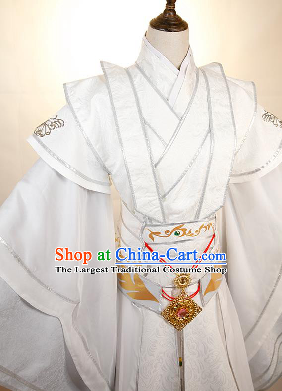 Chinese Traditional Tang Dynasty Young Childe Apparels Ancient Swordsman Garment Costumes Cosplay Prince White Clothing