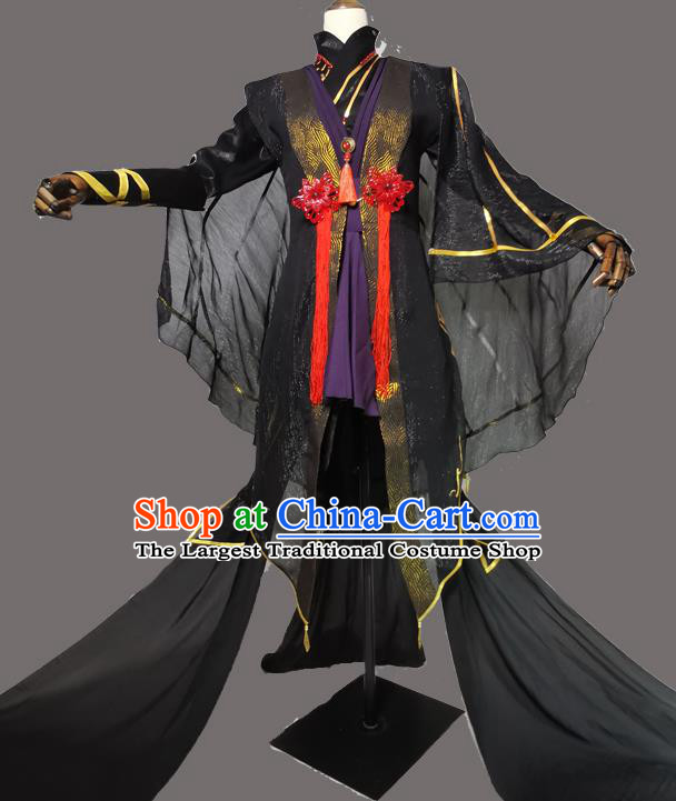 Chinese Ancient Taoist Priest Garment Costumes Cosplay King Black Clothing Traditional Qin Dynasty Swordsman Apparels