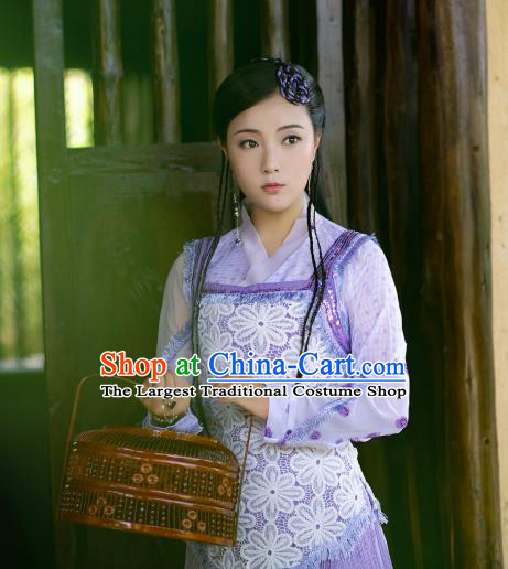 China Cosplay Drama Seven Fairy Zi Er Clothing Ancient Country Lady Garments Traditional Song Dynasty Village Girl Lilac Hanfu Dress