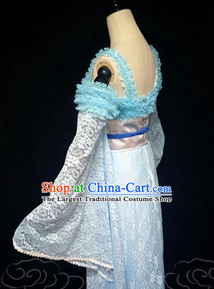 China Ancient Goddess Princess Garments Traditional Dance Blue Lace Hanfu Dress Cosplay Drama Seven Fairy Lan Er Clothing