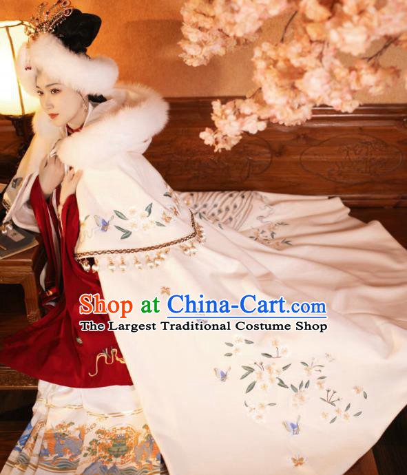 China Ming Dynasty Noble Woman Clothing Ancient Imperial Concubine Embroidered Cape Traditional Hanfu White Cloak Garment