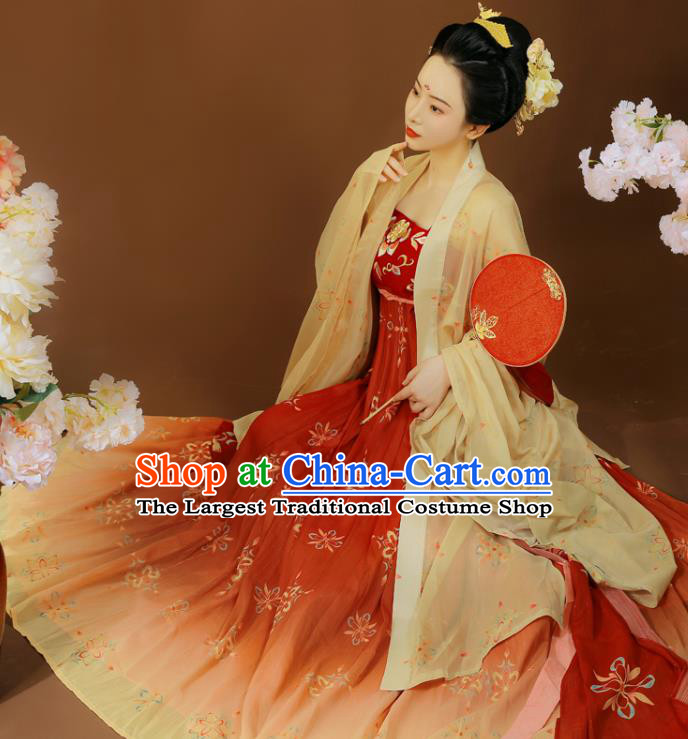 China Tang Dynasty Imperial Concubine Clothing Traditional Red Hanfu Dress Garment Ancient Court Woman Embroidered Apparels
