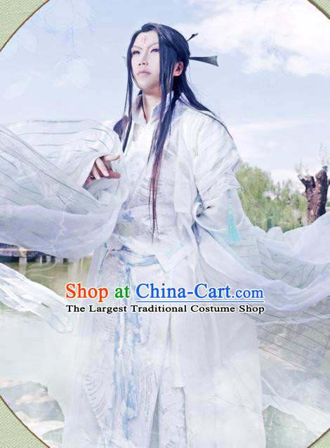 China Traditional Cosplay Swordsman White Hanfu Clothing Ancient Noble Childe Apparels Han Dynasty Prince Garment Costumes