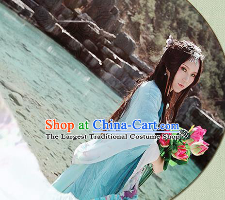 China Ancient Young Beauty Garments Traditional Song Dynasty Princess Blue Hanfu Dress Cosplay Swordswoman Clothing