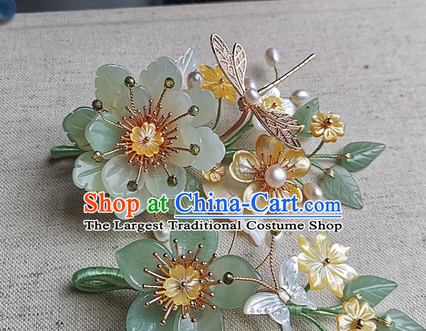 China Traditional Hanfu Jade Peony Hairpin Handmade Ancient Princess Hair Accessories Song Dynasty Palace Lady Shell Flowers Hair Stick