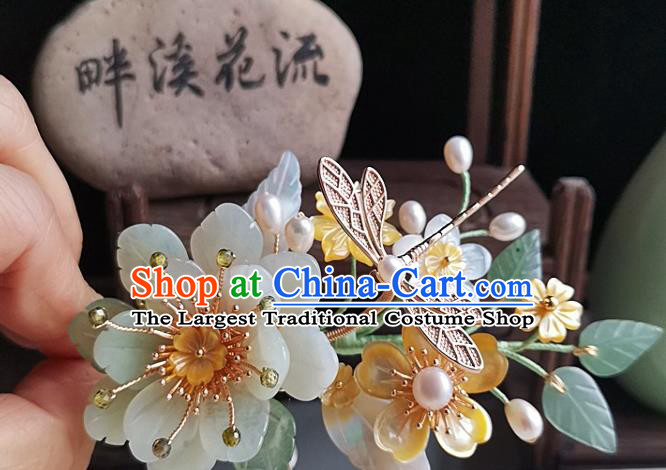 China Traditional Hanfu Jade Peony Hairpin Handmade Ancient Princess Hair Accessories Song Dynasty Palace Lady Shell Flowers Hair Stick