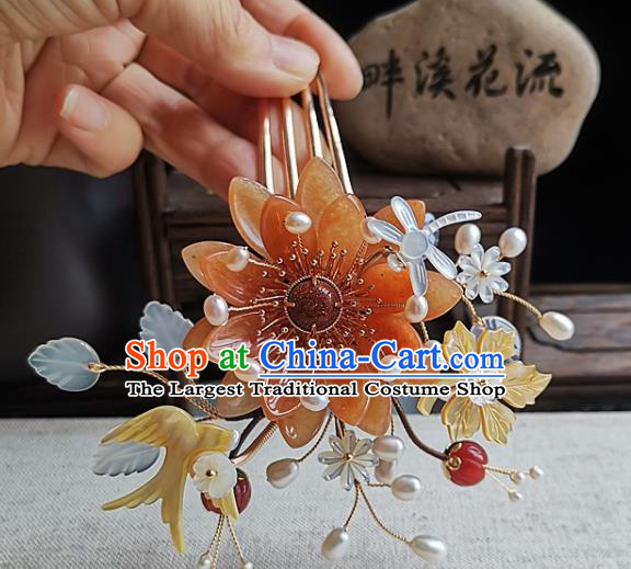 China Ming Dynasty Palace Lady Hair Comb Traditional Hanfu Hair Accessories Handmade Ancient Court Woman Agate Lotus Hairpin