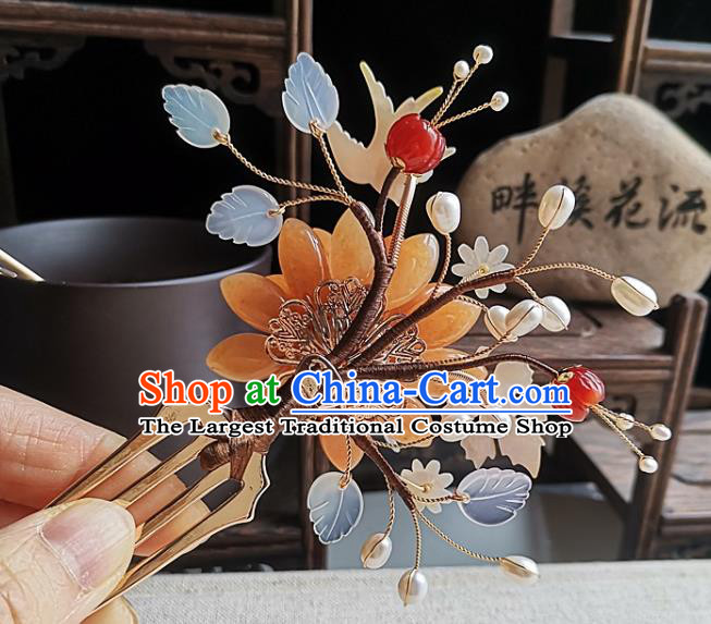 China Ming Dynasty Palace Lady Hair Comb Traditional Hanfu Hair Accessories Handmade Ancient Court Woman Agate Lotus Hairpin