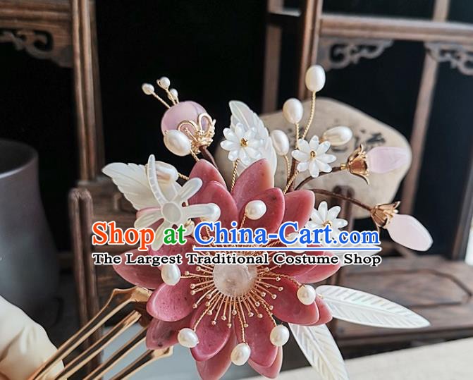 China Ming Dynasty Princess Shell Flowers Hair Comb Traditional Hanfu Hair Accessories Handmade Ancient Court Woman Pink Daisy Hairpin