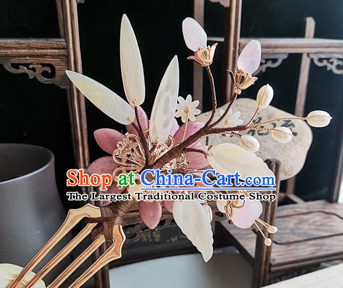 China Ming Dynasty Princess Shell Flowers Hair Comb Traditional Hanfu Hair Accessories Handmade Ancient Court Woman Pink Daisy Hairpin