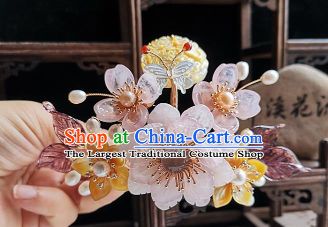 China Tang Dynasty Empress Shell Hair Crown Traditional Hanfu Hair Accessories Handmade Ancient Court Woman Rose Quartz Peony Hairpin