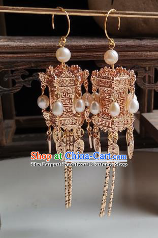 Handmade China Traditional Ming Dynasty Court Woman Ear Accessories Ancient Empress Golden Lantern Earrings