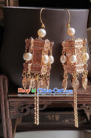 Handmade China Traditional Ming Dynasty Court Woman Ear Accessories Ancient Empress Golden Lantern Earrings