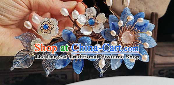 China Ming Dynasty Blue Daisy Hair Comb Traditional Hanfu Hair Accessories Handmade Ancient Palace Lady Shell Flower Hairpin