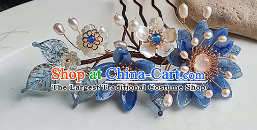 China Ming Dynasty Blue Daisy Hair Comb Traditional Hanfu Hair Accessories Handmade Ancient Palace Lady Shell Flower Hairpin