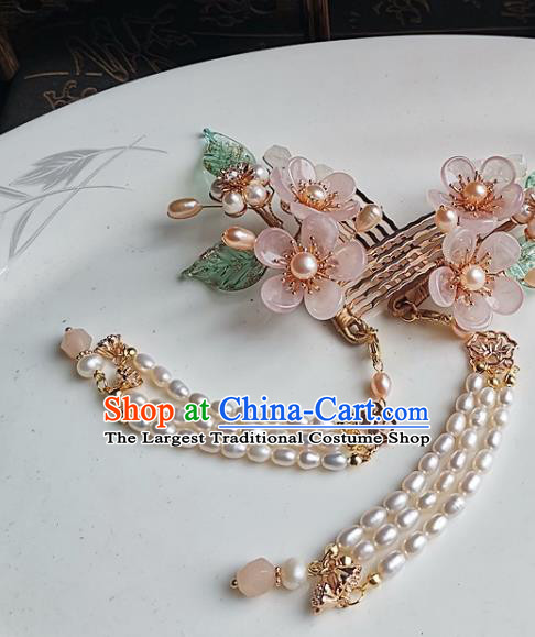 China Ming Dynasty Pink Plum Hair Comb Traditional Hanfu Hair Accessories Handmade Ancient Princess Pearls Tassel Hairpin