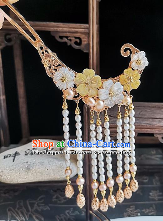 China Song Dynasty Court Woman Golden Hair Stick Traditional Hanfu Hair Accessories Handmade Ancient Empress Pearls Tassel Hairpin