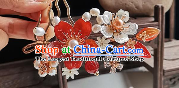 China Ming Dynasty Agate Flower Hair Comb Traditional Hanfu Hair Accessories Handmade Ancient Palace Lady Pearls Hairpin