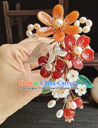 China Ming Dynasty Agate Flowers Hair Comb Traditional Hanfu Hair Accessories Handmade Ancient Imperial Concubine Shell Butterfly Hairpin