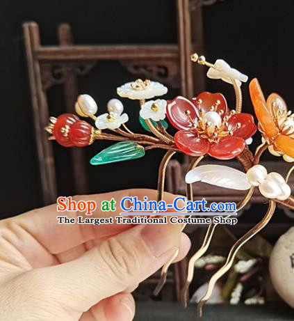 China Ming Dynasty Agate Flowers Hair Comb Traditional Hanfu Hair Accessories Handmade Ancient Imperial Concubine Shell Butterfly Hairpin