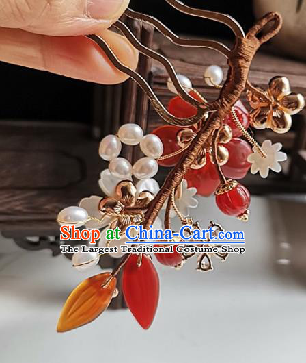 China Ming Dynasty Agate Flower Hair Comb Traditional Hanfu Hair Accessories Handmade Ancient Palace Lady Pearls Hairpin